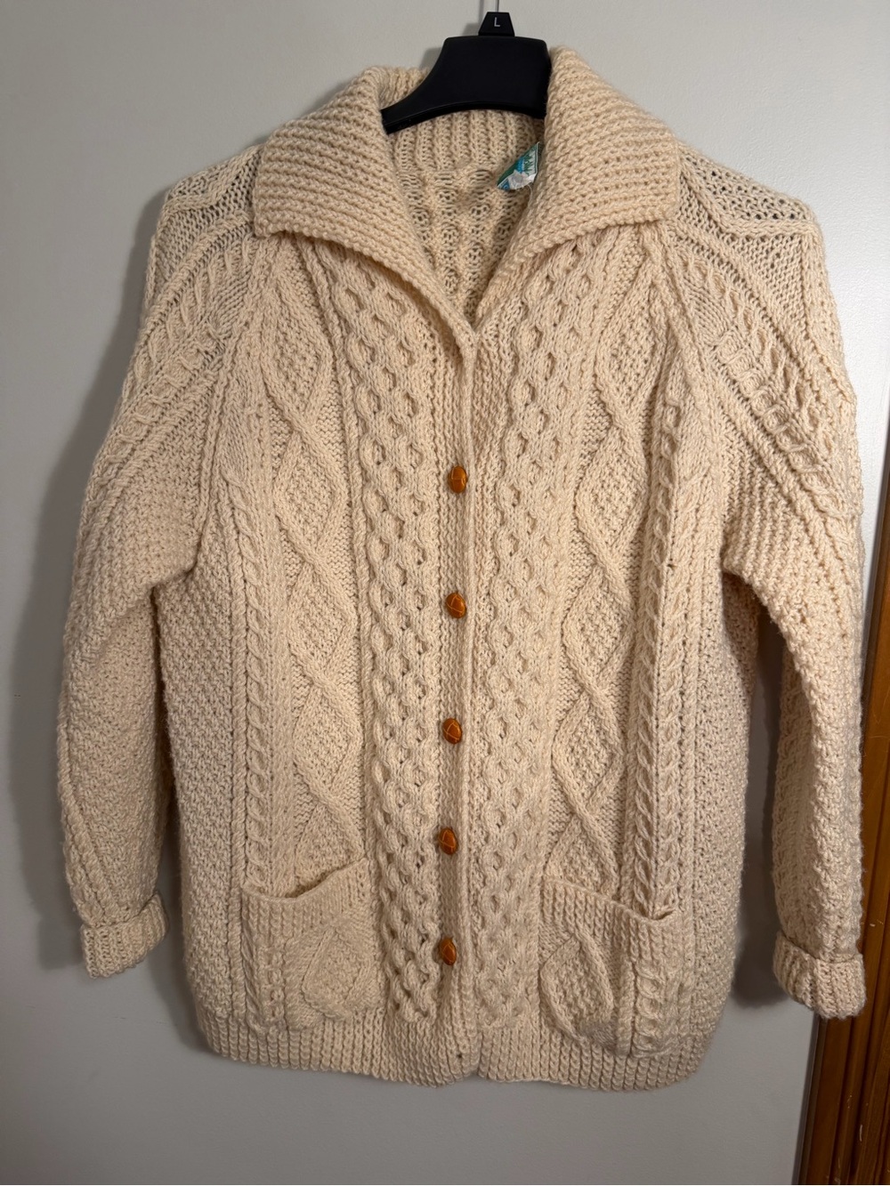 Vintage John Molloy Irish Aran Cardigan 100 Virgin Wool Cream Cableknit Men's L